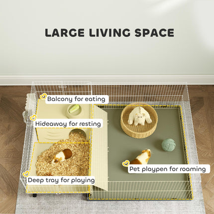 Small Animal Cage with Removable Playpen, Hay Feeder & Waterproof Pad 108x71x57cm - Beige