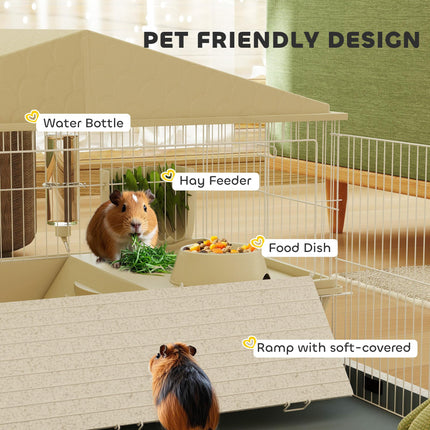 Small Animal Cage with Removable Playpen, Hay Feeder & Waterproof Pad 108x71x57cm - Beige