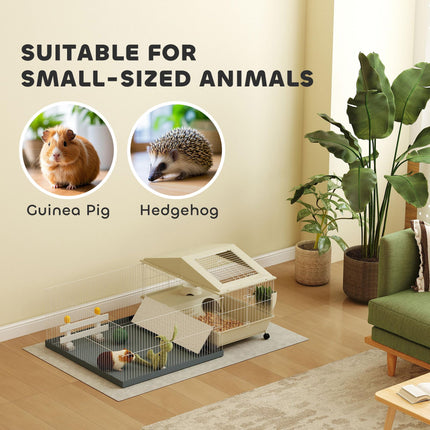 Small Animal Cage with Removable Playpen, Hay Feeder & Waterproof Pad 108x71x57cm - Beige