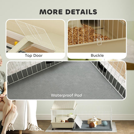 Small Animal Cage with Removable Playpen, Hay Feeder & Waterproof Pad 108x71x57cm - Beige