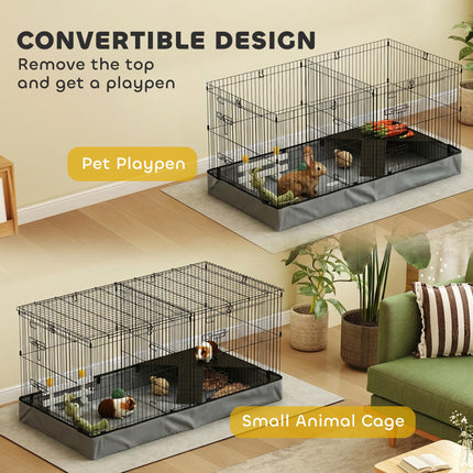 2 in 1 Guinea Pig and Rabbit Cage Playpen with Waterproof Oxford Floor for Hedgehogs - Black Grey