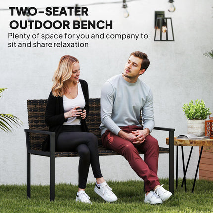 2 Seater Rattan Garden Bench, Outdoor Bench with Quick-Drying Cotton Padding, Wicker Garden Loveseat with Armrests, Steel Frame for Patio, Park, Mixed Brown