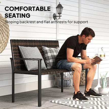 2 Seater Rattan Garden Bench, Outdoor Bench with Quick-Drying Cotton Padding, Wicker Garden Loveseat with Armrests, Steel Frame for Patio, Park, Mixed Brown