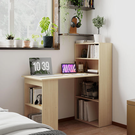 120cm Computer Desk, Wooden PC Laptop Table with 6-Tier Storage Bookshelves, Hom