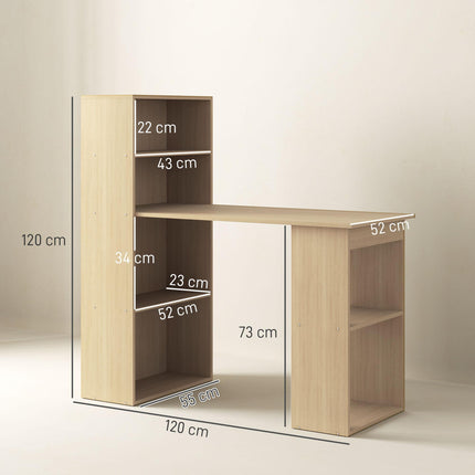 120cm Computer Desk, Wooden PC Laptop Table with 6-Tier Storage Bookshelves, Hom