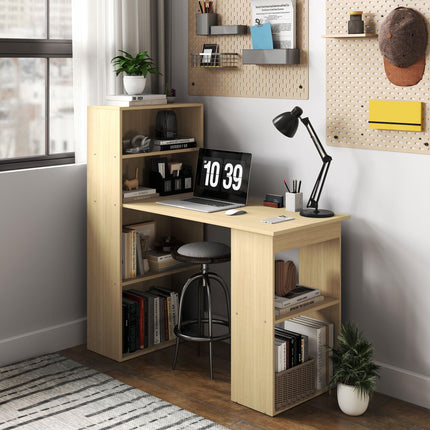 120cm Computer Desk, Wooden PC Laptop Table with 6-Tier Storage Bookshelves, Hom