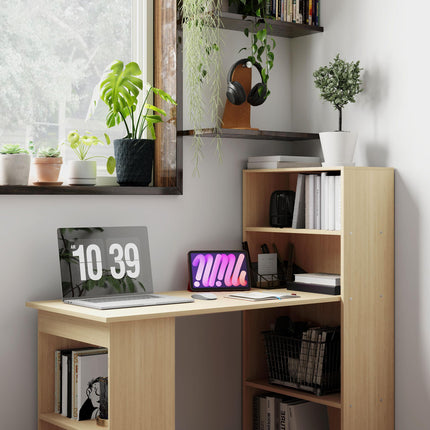 120cm Computer Desk, Wooden PC Laptop Table with 6-Tier Storage Bookshelves, Hom