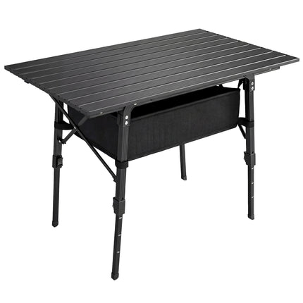 Height Adjustable Folding Camping Table with Storage Basket - Black