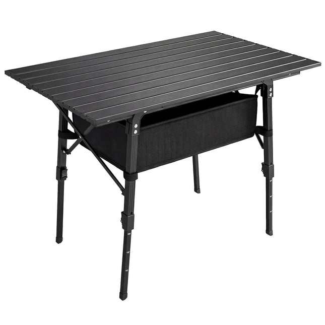 Height Adjustable Folding Camping Table with Storage Basket - Black