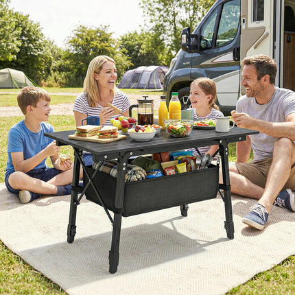 Height Adjustable Folding Camping Table with Storage Basket - Black