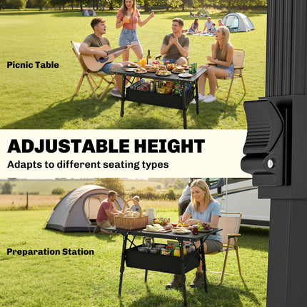 Height Adjustable Folding Camping Table with Storage Basket - Black