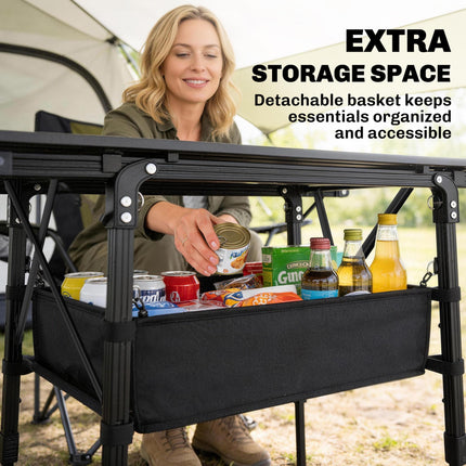 Height Adjustable Folding Camping Table with Storage Basket - Black