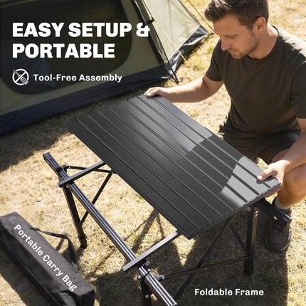 Height Adjustable Folding Camping Table with Storage Basket - Black
