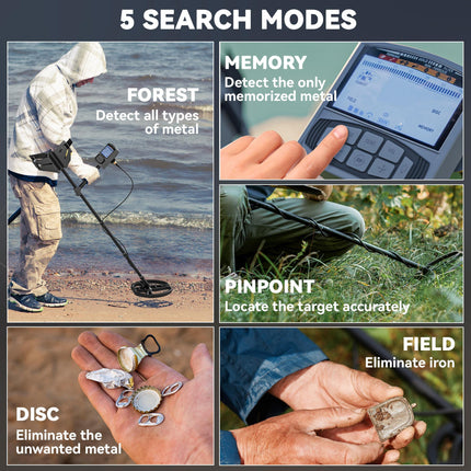 Metal Detector for Adults and Beginners with IP68 Waterproof Coil, 5 Modes, Pinpoint & Memory, Backlit LCD Display - Dark Grey