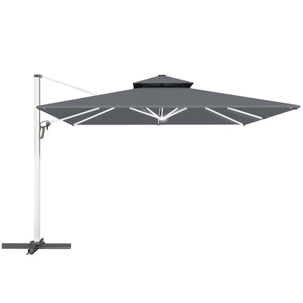 3(m) Garden Cantilever Parasol with Solar LED Lights, Cross Base, 360° Rotation, Crank Handle and Tilt, Grey