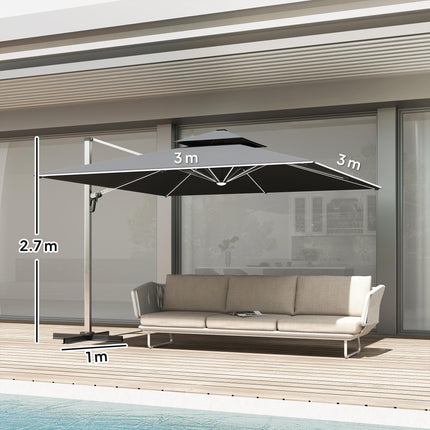 3(m) Garden Cantilever Parasol with Solar LED Lights, Cross Base, 360° Rotation, Crank Handle and Tilt, Grey