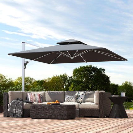 3(m) Garden Cantilever Parasol with Solar LED Lights, Cross Base, 360° Rotation, Crank Handle and Tilt, Grey