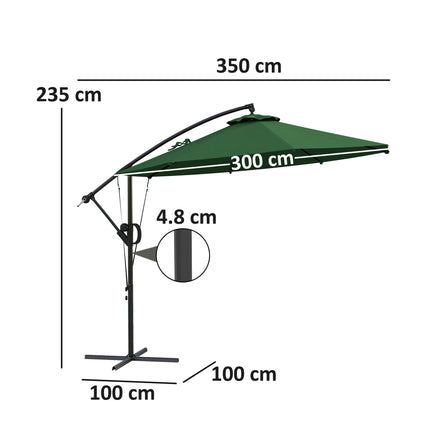 3 Metre Garden Cantilever Parasol with Cover and Wind Protection Strap - Green