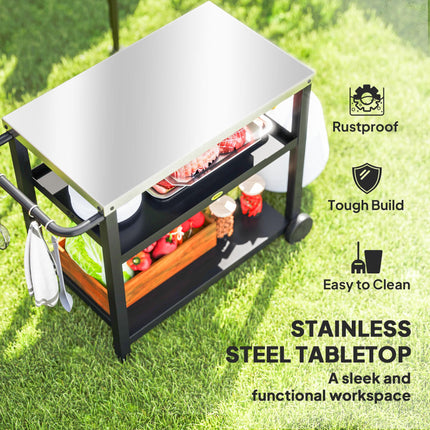 Outdoor Grill Dining Cart with 3 Shelves, Stainless Steel Top & Wheels - Charcoal Grey