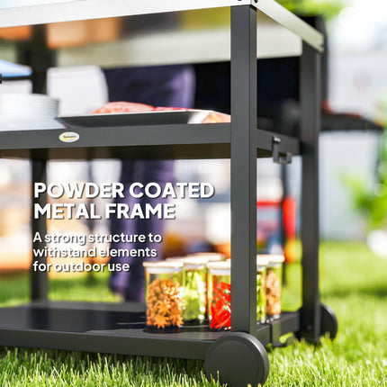 Outdoor Grill Dining Cart with 3 Shelves, Stainless Steel Top & Wheels - Charcoal Grey