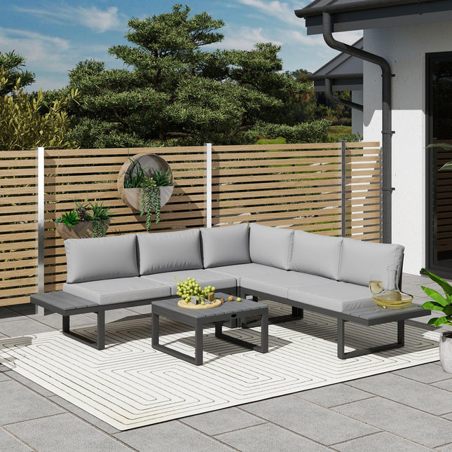 4-Piece Outdoor Patio Garden Lounge Set with 5-Level Reclining Corner Sofa & Cushions - Black Light Grey