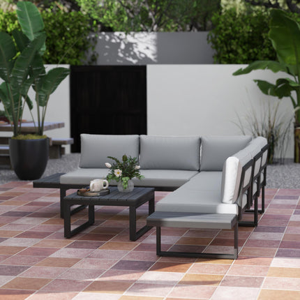 4-Piece Outdoor Patio Garden Lounge Set with 5-Level Reclining Corner Sofa & Cushions - Black Light Grey