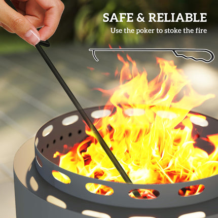 48.5cm Portable Smokeless Wood Burning Fire Pit with Poker for Garden Camping Bonfire - Dark Grey