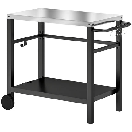 Outdoor Grill Dining Cart with 2 Shelves, Stainless Steel Top, Wheels & Hooks - Charcoal Grey