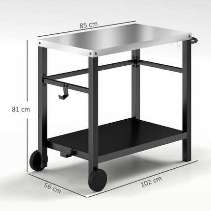 Outdoor Grill Dining Cart with 2 Shelves, Stainless Steel Top, Wheels & Hooks - Charcoal Grey
