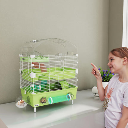 3-Tier Hamster Cage with Transparent Top, Sand Bathroom, Exercise Wheel, Hideout
