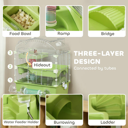 3-Tier Hamster Cage with Transparent Top, Sand Bathroom, Exercise Wheel, Hideout