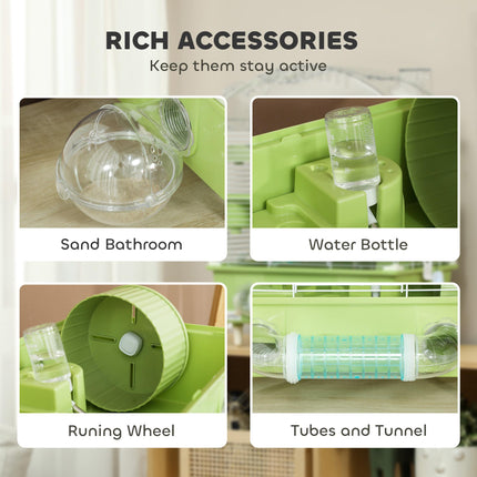3-Tier Hamster Cage with Transparent Top, Sand Bathroom, Exercise Wheel, Hideout