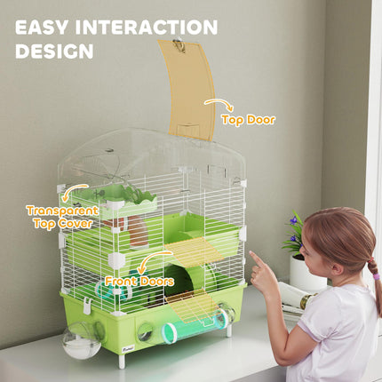 3-Tier Hamster Cage with Transparent Top, Sand Bathroom, Exercise Wheel, Hideout