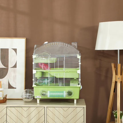 3-Tier Hamster Cage with Transparent Top, Sand Bathroom, Exercise Wheel, Hideout