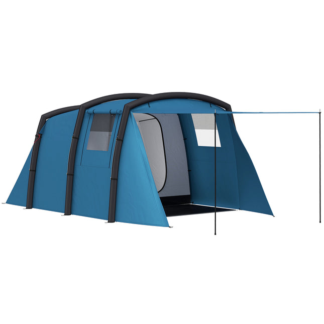Inflatable 3-4 Man Tunnel Tent w/ Air Pump, Living Area & Vestibule, Waterproof Family Camping Air Tent w/ Sewn In Groundsheet & Removable Footprint for Camping, Hiking, Blue