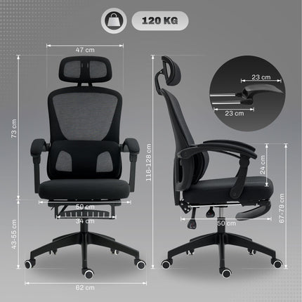 Ergonomic Mesh High Back Office Chair with Adjustable Lumbar Support, Headrest, Reclining & Footrest - Black