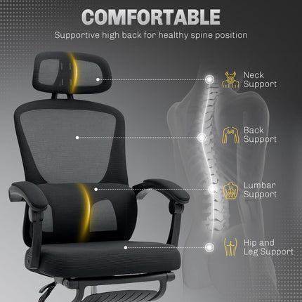 Ergonomic Mesh High Back Office Chair with Adjustable Lumbar Support, Headrest, Reclining & Footrest - Black