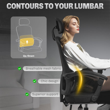 Ergonomic Mesh High Back Office Chair with Adjustable Lumbar Support, Headrest, Reclining & Footrest - Black