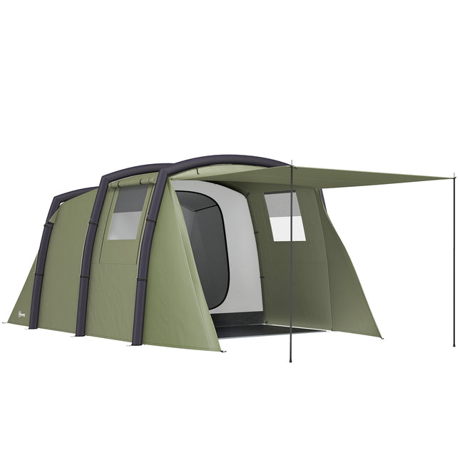 Inflatable 3-4 Man Tunnel Tent w/ Air Pump, Living Area & Vestibule, Waterproof Family Camping Air Tent w/ Sewn In Groundsheet & Removable Footprint for Camping, Hiking, Olive Green