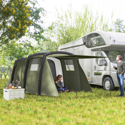 Inflatable 3-4 Man Tunnel Tent w/ Air Pump, Living Area & Vestibule, Waterproof Family Camping Air Tent w/ Sewn In Groundsheet & Removable Footprint for Camping, Hiking, Olive Green