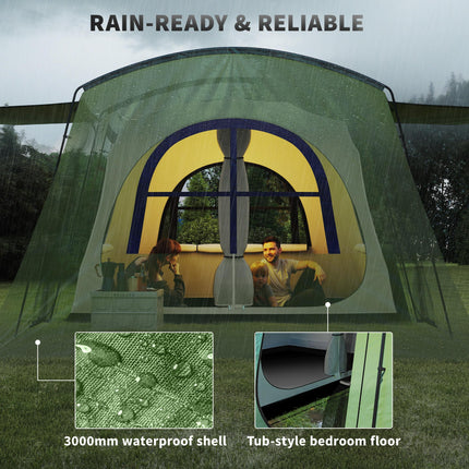 3-4 Man Spacious Family Tunnel Tent with Waterproof Design - Green