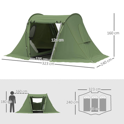 Waterproof 3 Man Camping Tent with Living Area - Green