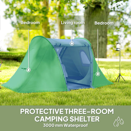 Waterproof 3 Man Camping Tent with Living Area - Green