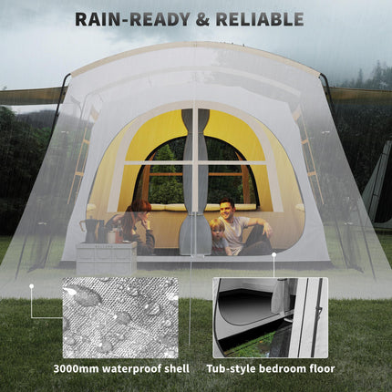 Spacious 3-4 Person Family Tunnel Tent with Porch - Khaki