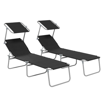 Foldable Sun Lounger Set of 2 with Adjustable Backrest & Sun Shade - Black