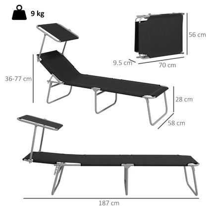 Foldable Sun Lounger Set of 2 with Adjustable Backrest & Sun Shade - Black