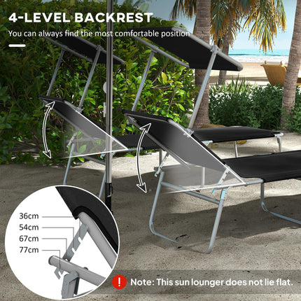 Foldable Sun Lounger Set of 2 with Adjustable Backrest & Sun Shade - Black
