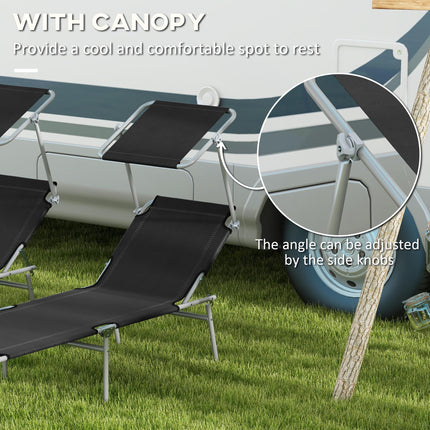 Foldable Sun Lounger Set of 2 with Adjustable Backrest & Sun Shade - Black