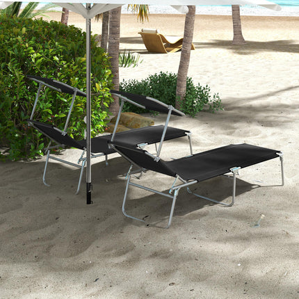 Foldable Sun Lounger Set of 2 with Adjustable Backrest & Sun Shade - Black