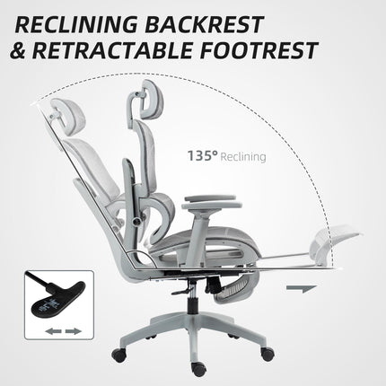 Multi-Adjustable Ergonomic Mesh Office Chair with Reclining and Footrest - Grey
